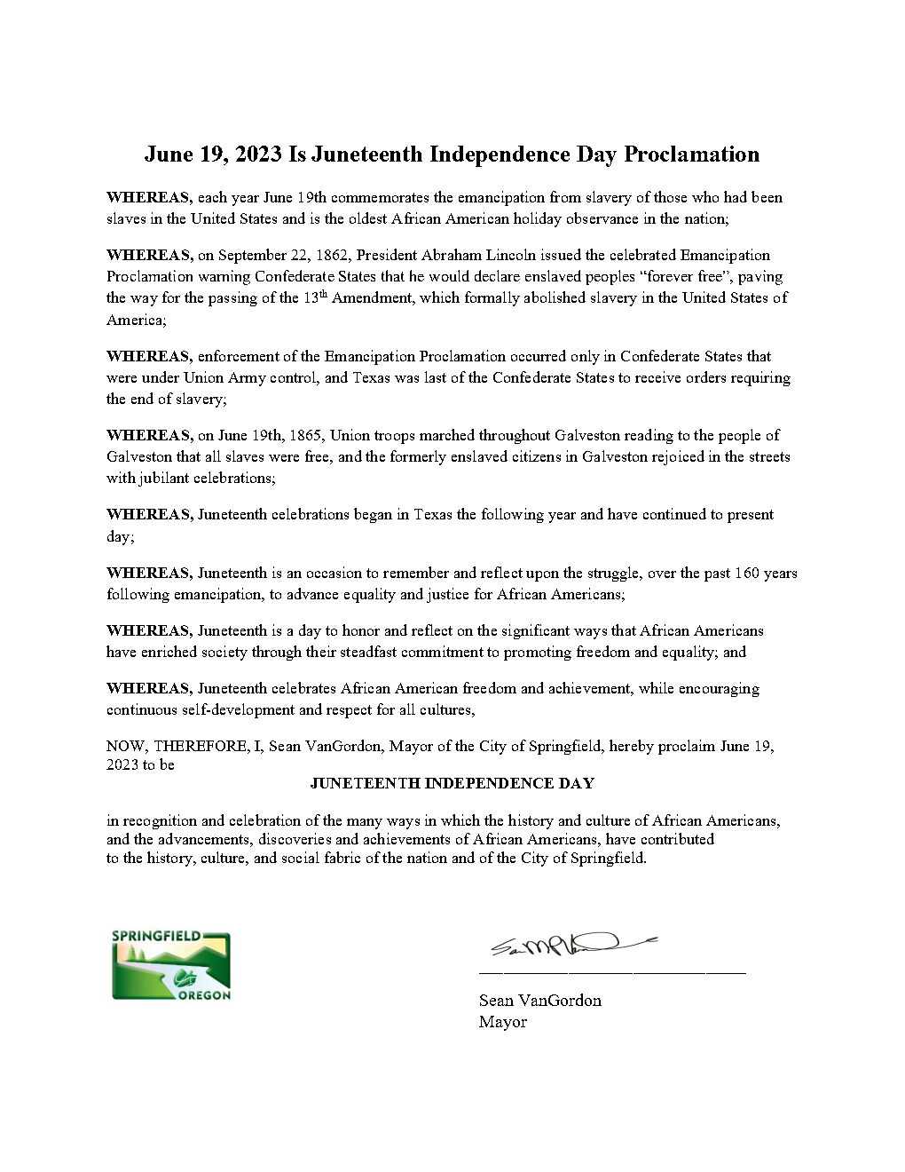 This is an image of a signed proclamation declaring June 19, 2023 as Juneteenth Independence Day