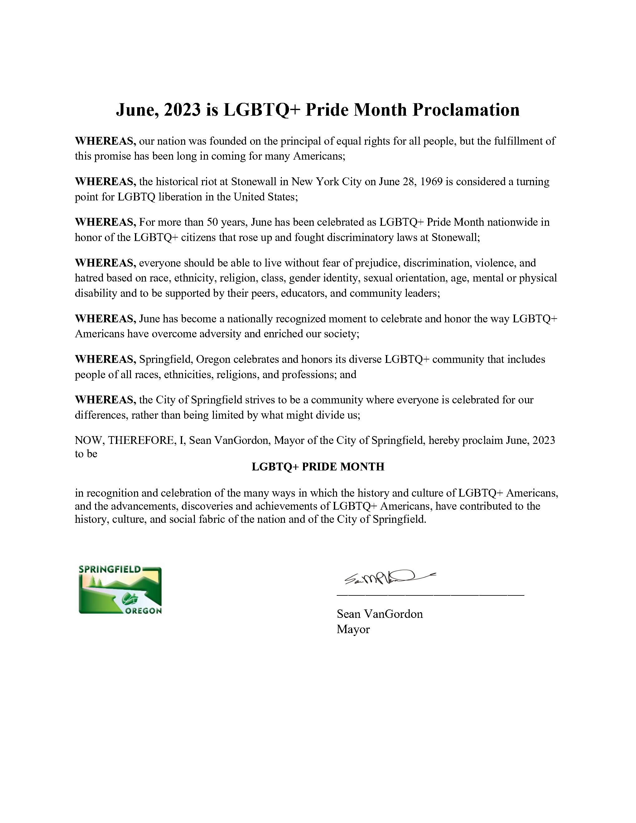 Image of the proclamation for 2023 LGBTQ+ Pride Month