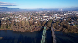 Aerial of Springfield from the Willamette River at Glenwood looking east
