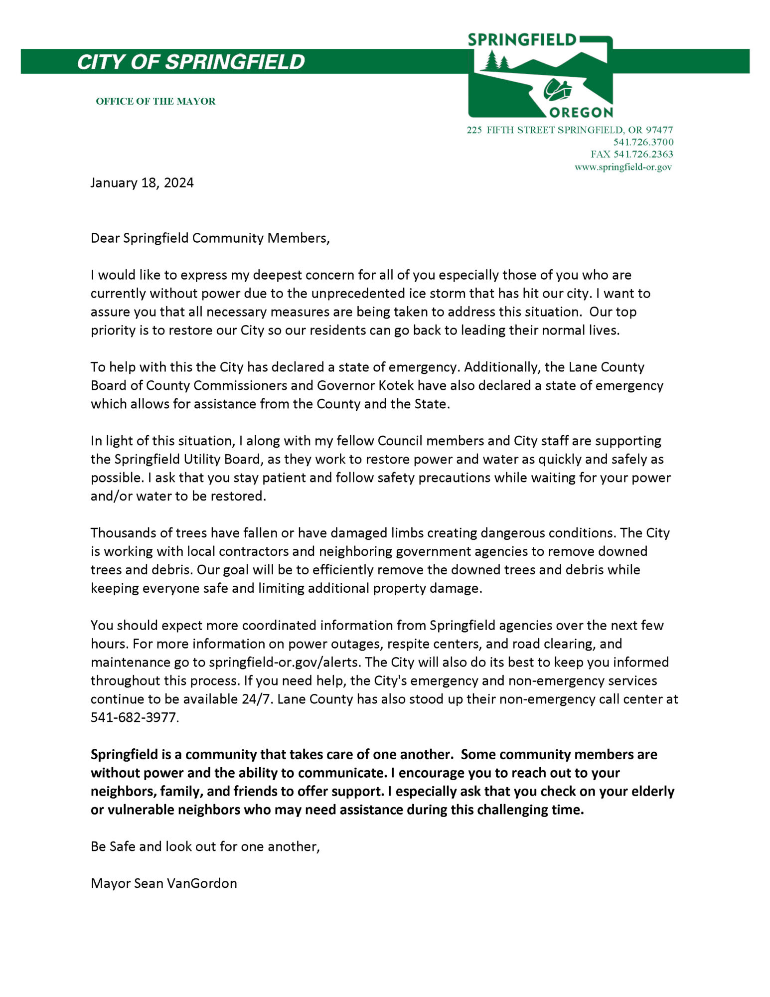 Letter to community from Springfield Mayor Sean VanGordon