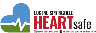 Eugene Springfield Heart Safe Community logo with blue and green heart separated by a pulse beat.