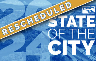 Rescheduled 2024 State of the City graphic with City of Springfield logo and aerial of Springfield in background.